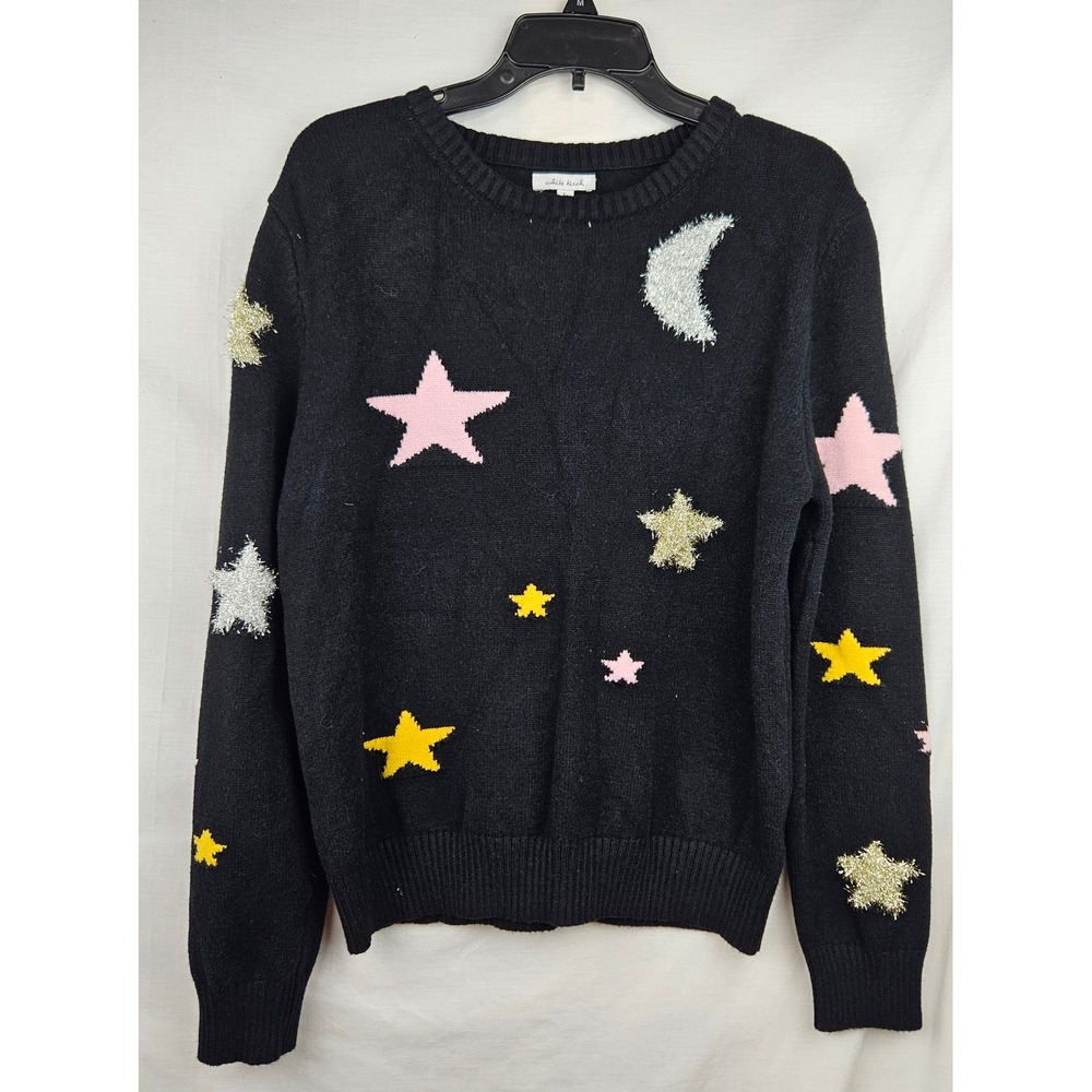 White Birch Celestial Star Moon Knit Sweater Black Pink Yellow Lg